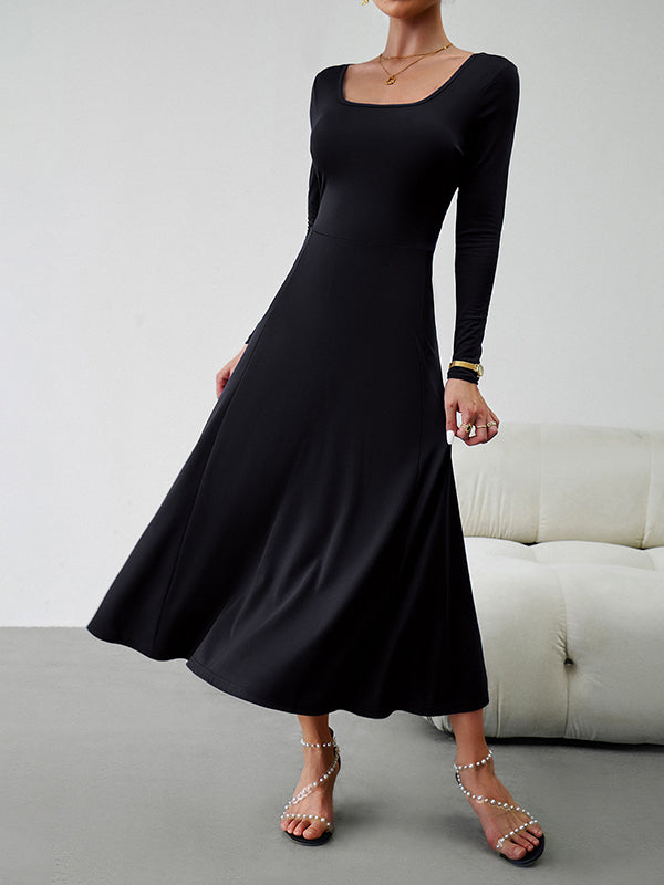 A-line High Waisted Color Tied Waist U-neck Midi Dresses
