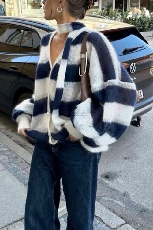 Moxidress Lantern Sleeves Button Down Color Block Stripes Sweater With Scarf