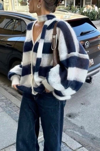 Moxidress Lantern Sleeves Button Down Color Block Stripes Sweater With Scarf