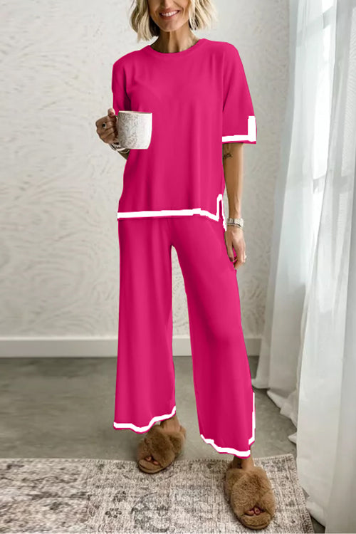 Color Block Short Sleeves Side Split Pullover Wide Leg Pants Knitting Loungewear Set