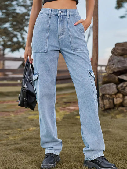 Washed Semi-elastic Denim Cargo Pants