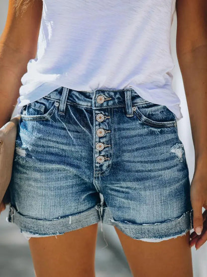 Versatile High-waist Ripped Denim Shorts