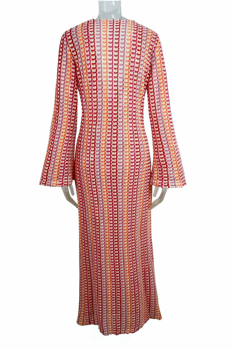 V Neck Bell Sleeve Wavy Striped Crochet Beach Vacation Maxi Dress