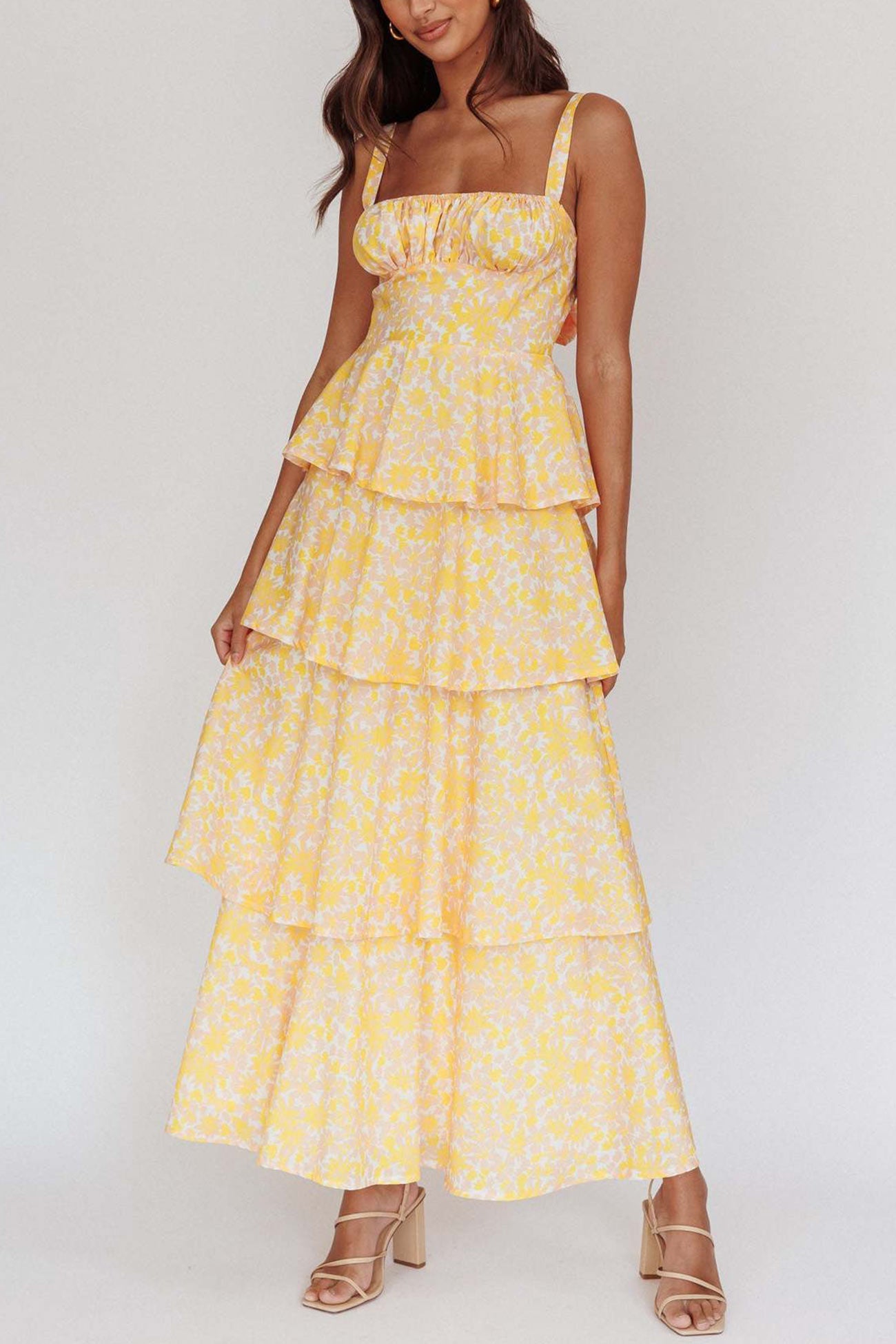 Print Tie-up Tiered Midi Dress