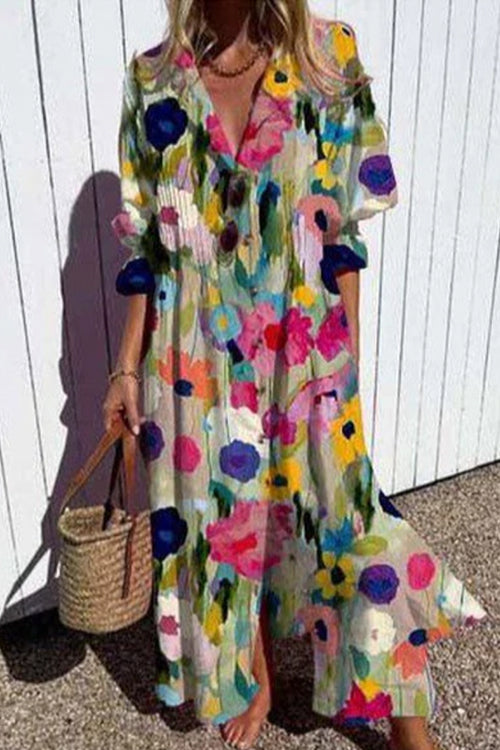 Ruched Button Down Balloon Sleeves Printed Maxi Dress