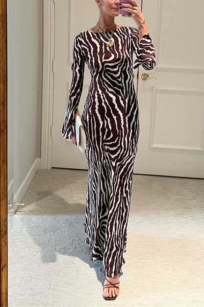 Moxidress Boat Neck Bell Sleeves Animal Print Maxi Dress
