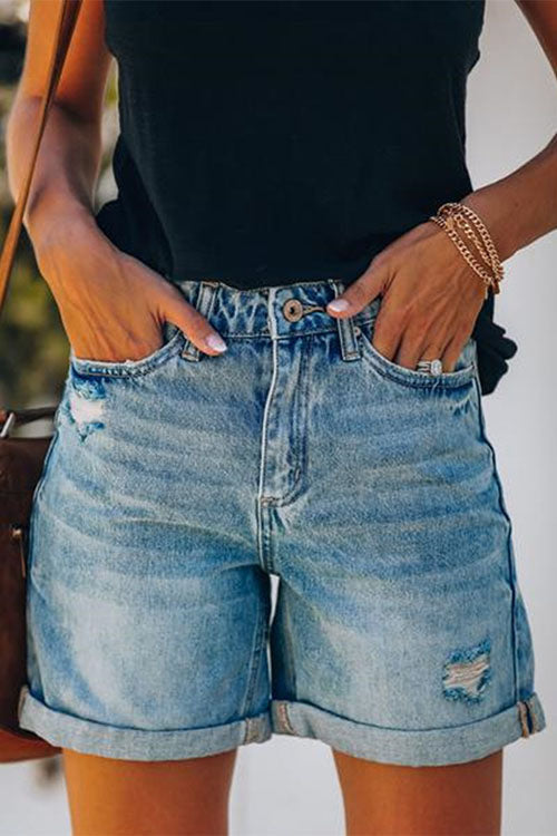 Moxidress Rolled Hem Ripped Denim Shorts