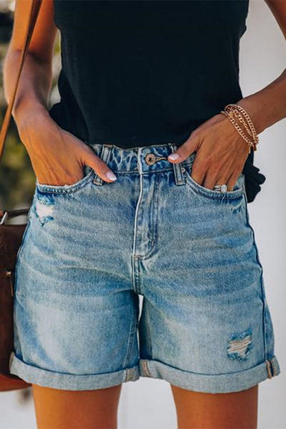 Moxidress Rolled Hem Ripped Denim Shorts