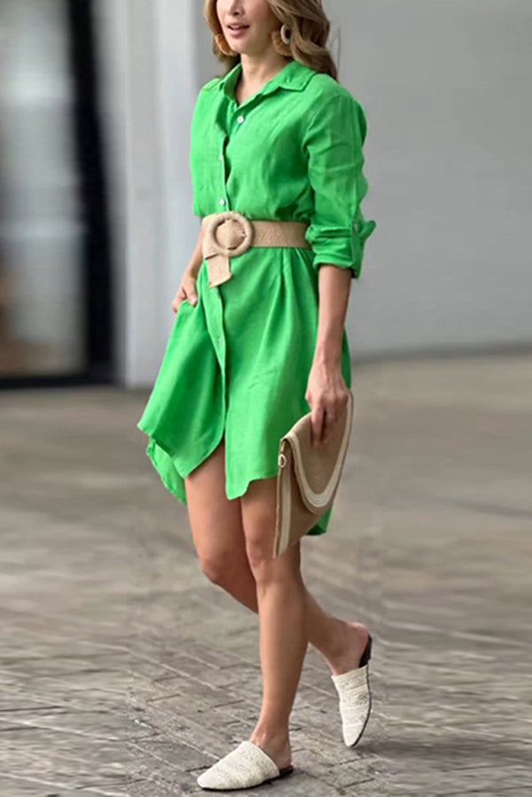 Linen Blend Long Sleeve Button-down Shirt Style Mini Dress