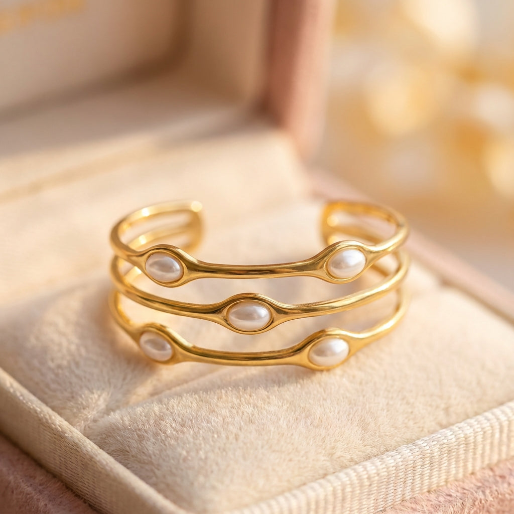 Vintage Layered Gold Pearl Bangle Bracelet