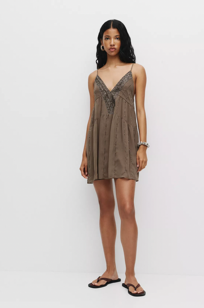 Liora — Lightweight Beaded Mini Dress With V-neck