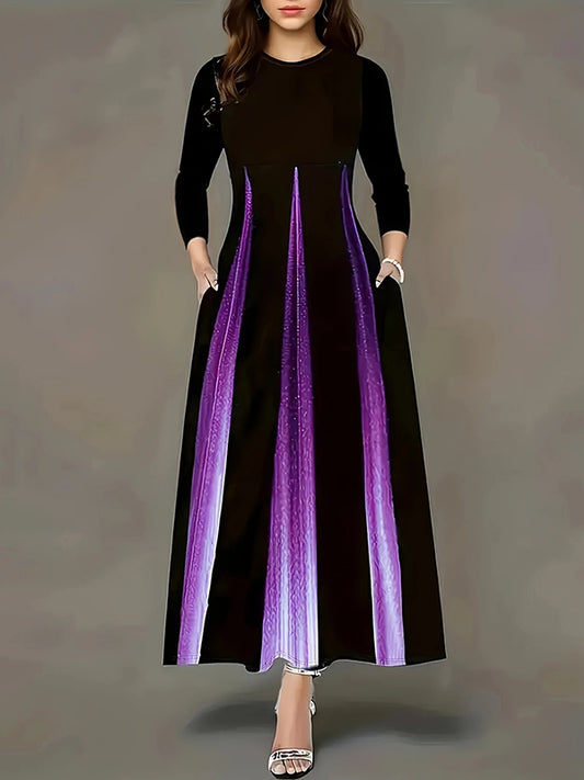 A-line High Waisted Gradient Pockets Printed Split-joint Round-neck Maxi Dresses