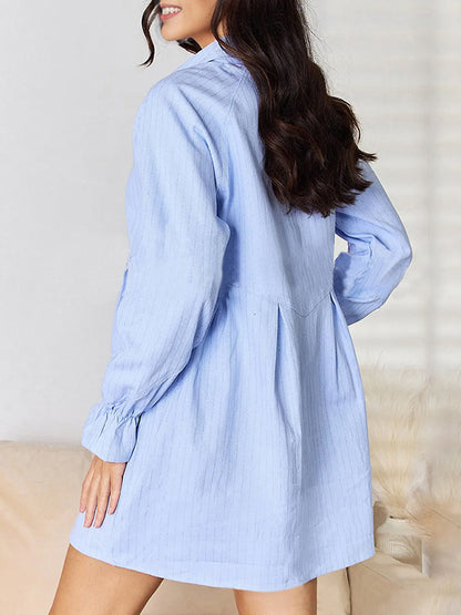 A-line Loose Pleated Split-joint Striped Lapel Mini Dresses Shirt Dress