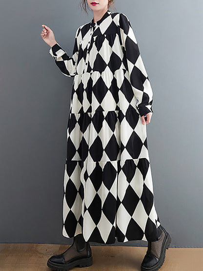 A-line Long Sleeves Buttoned Plaid Polo Midi Dresses