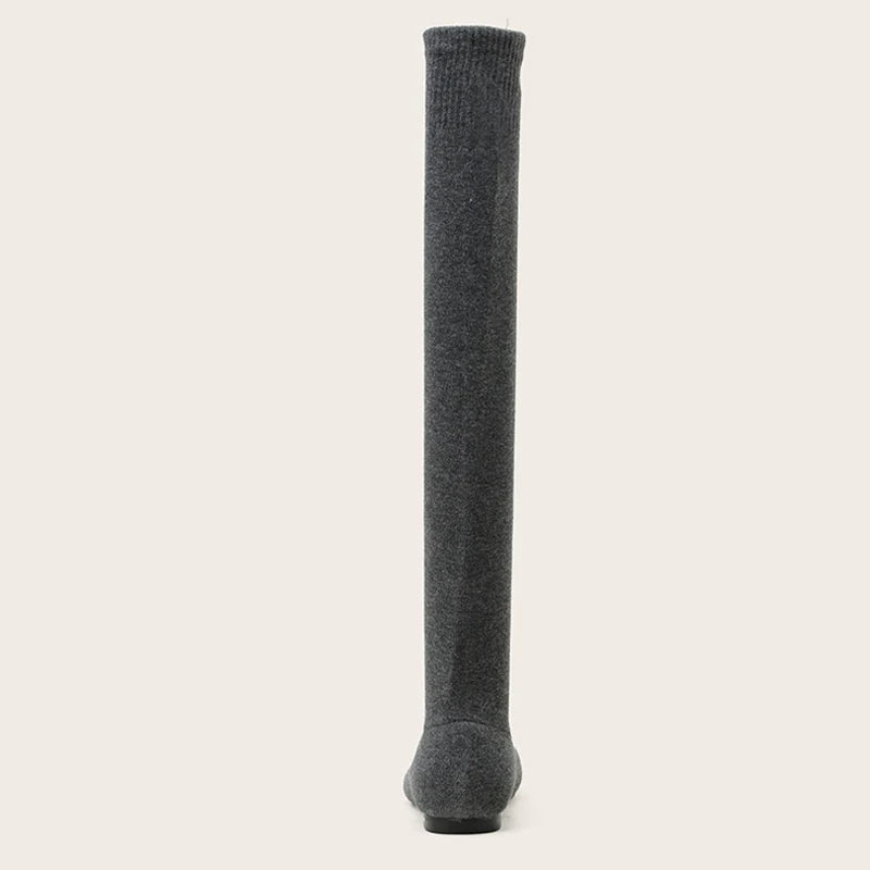 Size 34-40 ’s Black Thigh High Sock Boots – Slim Leg Stretch Fabric Pointed Toe Flat Heels Over the Knee Slip on Shoes