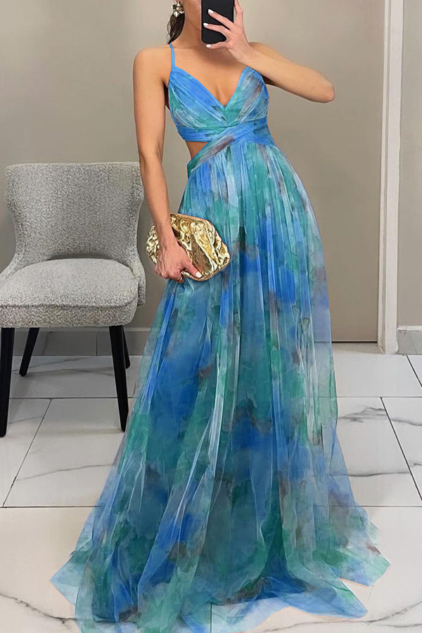 ' Summer Princess Chiffon Printed Hollow Waist and Back Lace Up Long Dress