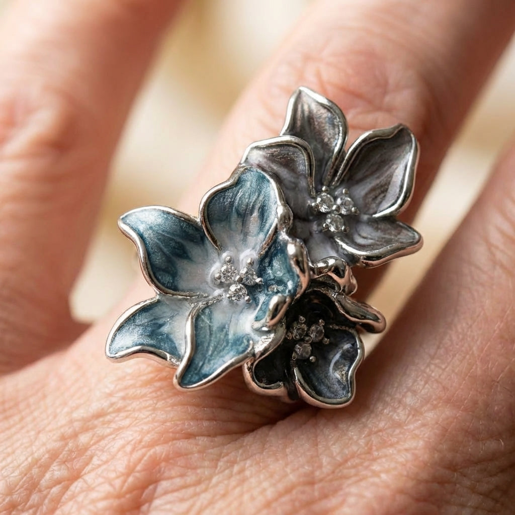 Exotic Flower Ring In 925 Sterling Silver