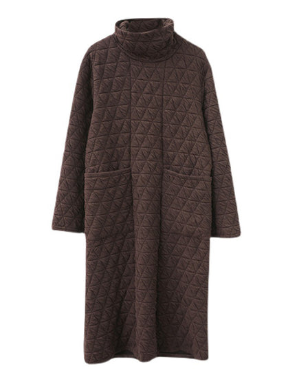 Long Sleeves Loose Color Textured High-neck Cotton Padded Midi Dresses