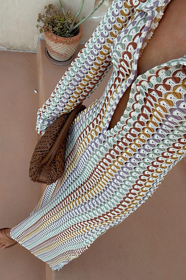 Cardigan Beach Knitted Colorful Wave Print Long Sleeved Vacation Dress