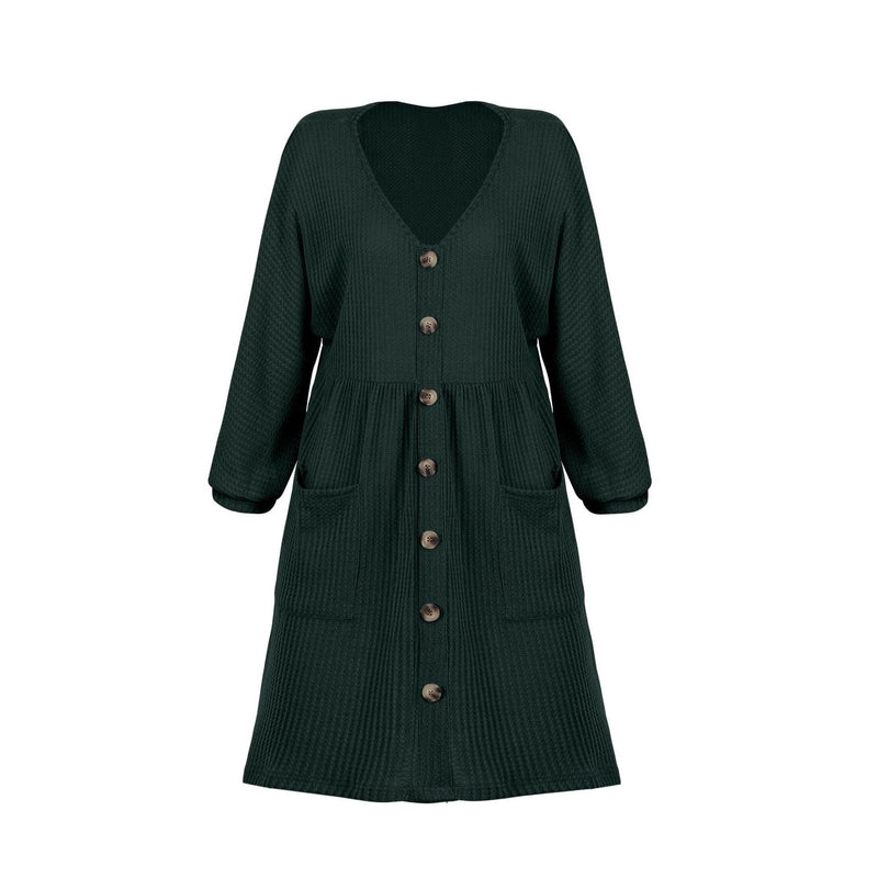 V-neck Buttoned Loose Knit Hem Mini Dresses