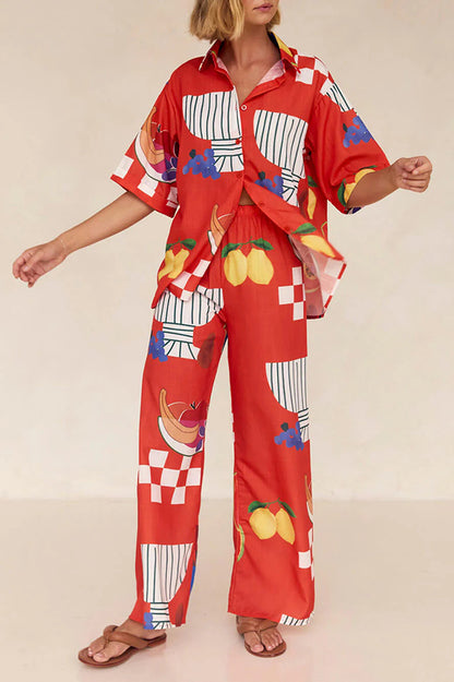 Unique Printed Shirt and Elastic Waist Pants Set