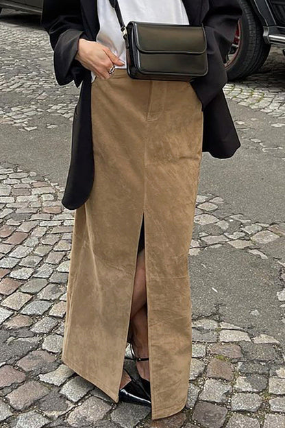 Suede Brown High Waist Split Midi Skirt