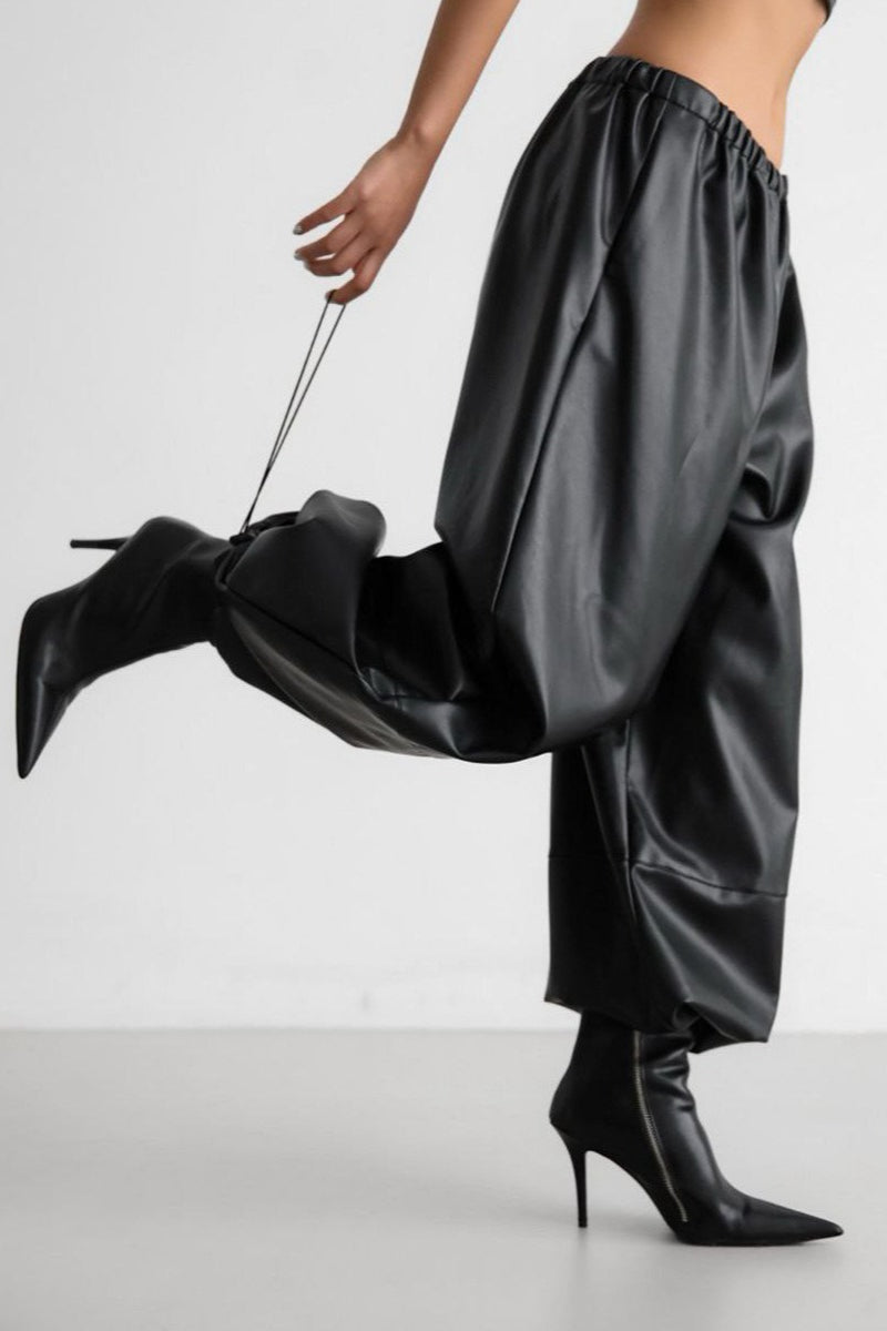 Drawstring Cuff Pu Leather Relaxed Pants