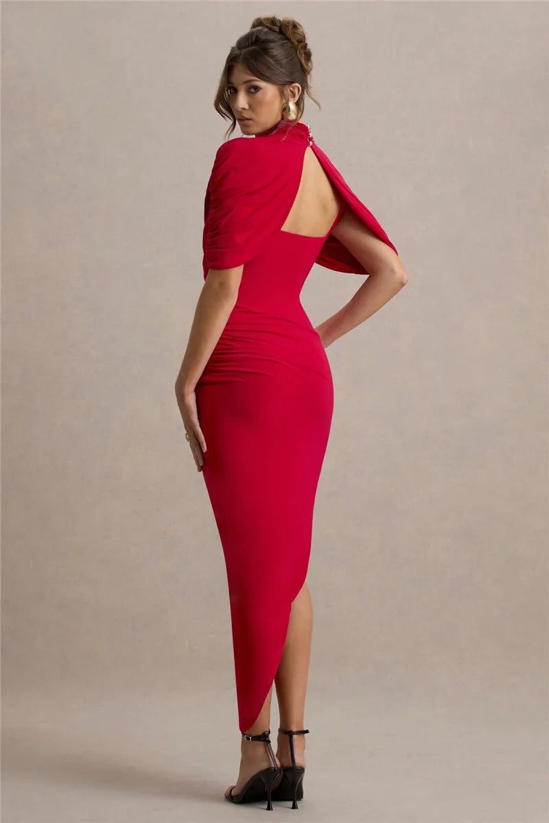 Lyricara — Backless Maxi Dress With Ruched Waist and Turtleneck