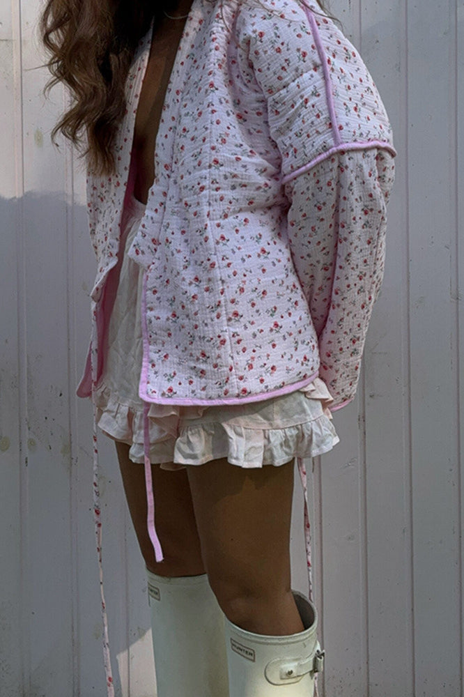 Pink Sweet Tie V-neck Flared Sleeve Coat