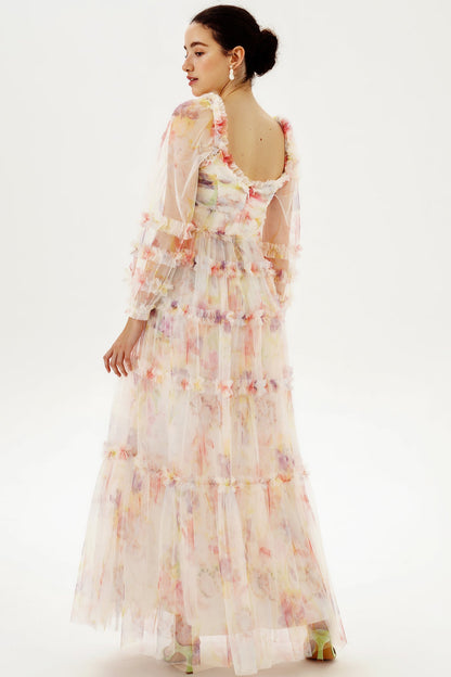 Long Sleeve Ruffle Hem Maxi Dress Pink