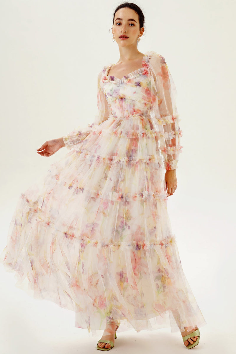 Long Sleeve Ruffle Hem Maxi Dress Pink