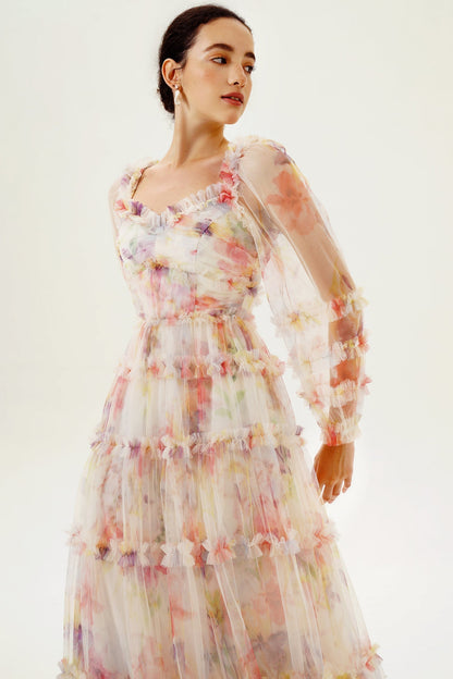 Long Sleeve Ruffle Hem Maxi Dress Pink