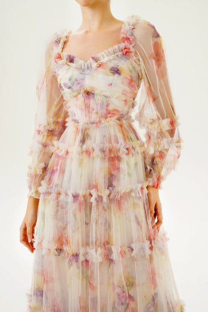 Long Sleeve Ruffle Hem Maxi Dress Pink