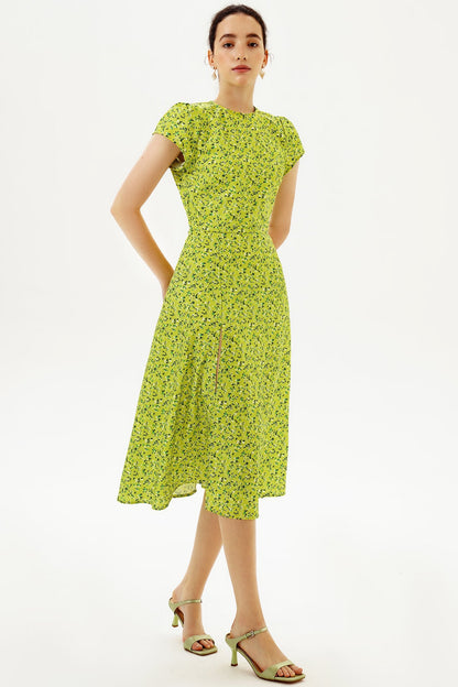 Backless Cut-out Slit Print Midi Dress Green