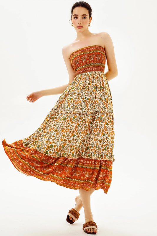 Tube Top Smocked Elastic Midi Dress