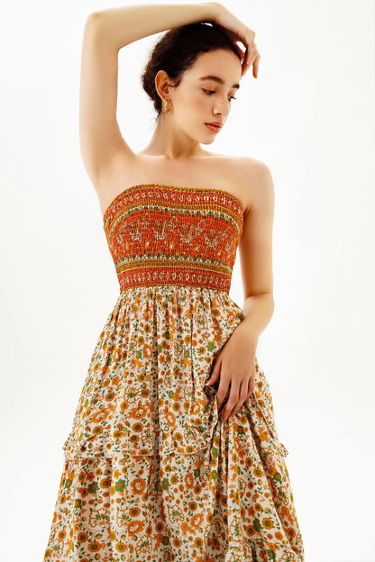 Tube Top Smocked Elastic Midi Dress