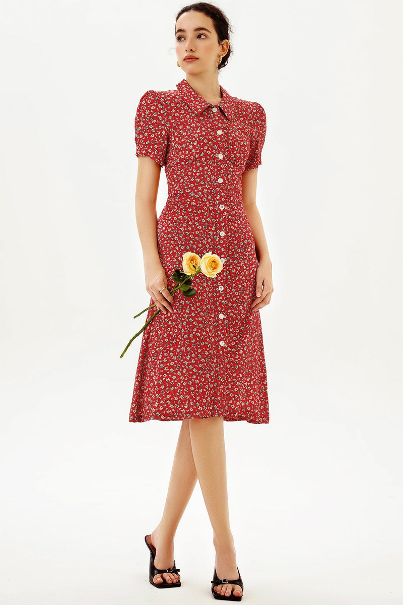 Puff Sleeve Lapel Buttoned Midi Dress