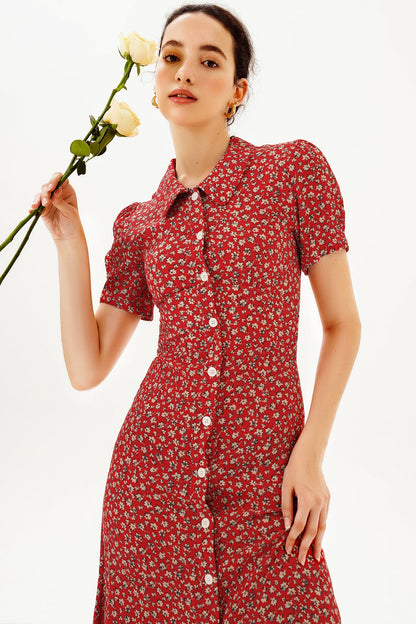 Puff Sleeve Lapel Buttoned Midi Dress