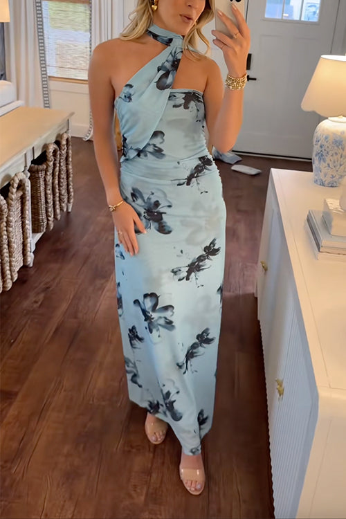 Moxidress Halter Sleeveless Print Mesh Maxi Dress