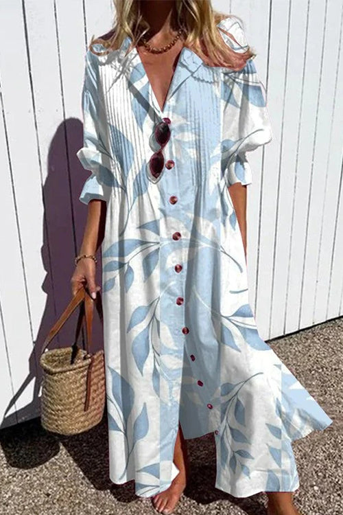 Ruched Button Down Balloon Sleeves Printed Maxi Dress