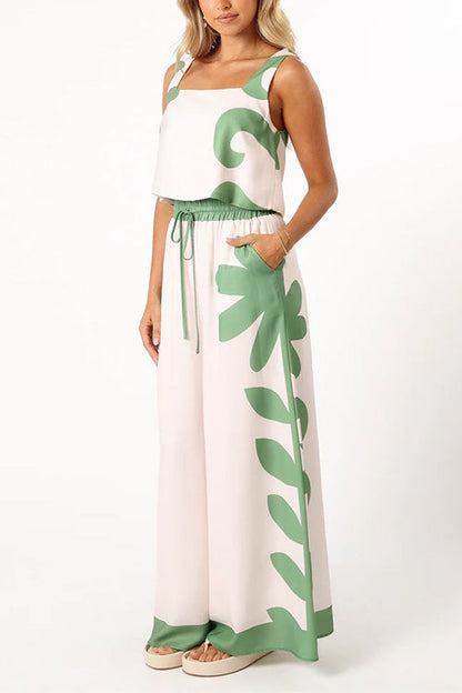 Printed Square Collar Crop Tank Top Drawstring Waist Wide Leg Pants Set