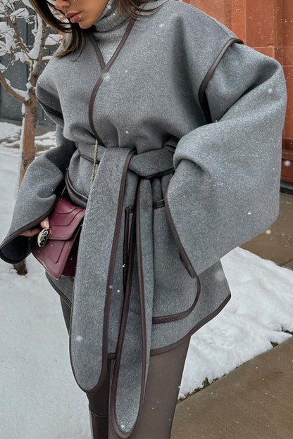 Moxidress Open Front Pocketed Splice Coat With Belt