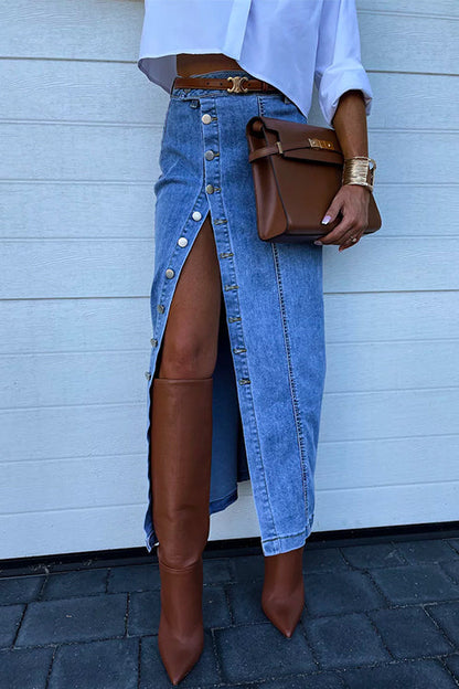 High Rise Button Down Slit Denim Skirt