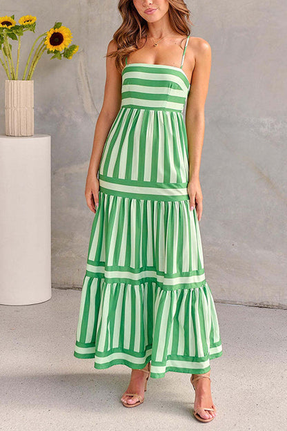 Spaghetti Strap Tiered Color Block Striped Maxi Dress