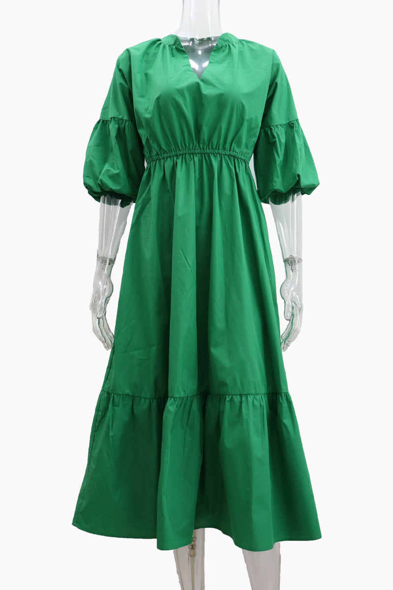 Half Sleeve V Neck High Waist Midi Dress
