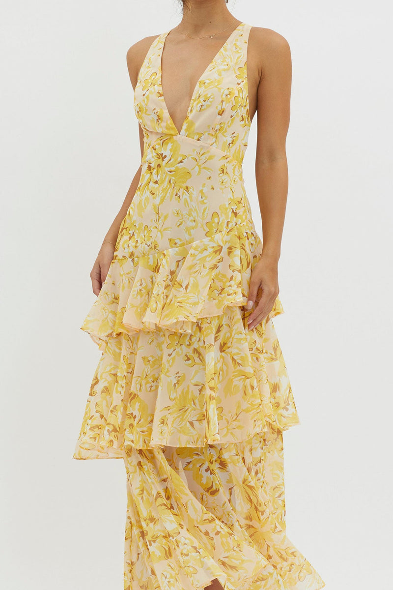 Print Tie-up Back Chiffon Tiered Dress