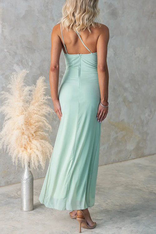 Moxidress One Shoulder Slit Ruched Ruffle Mesh Maxi Dress