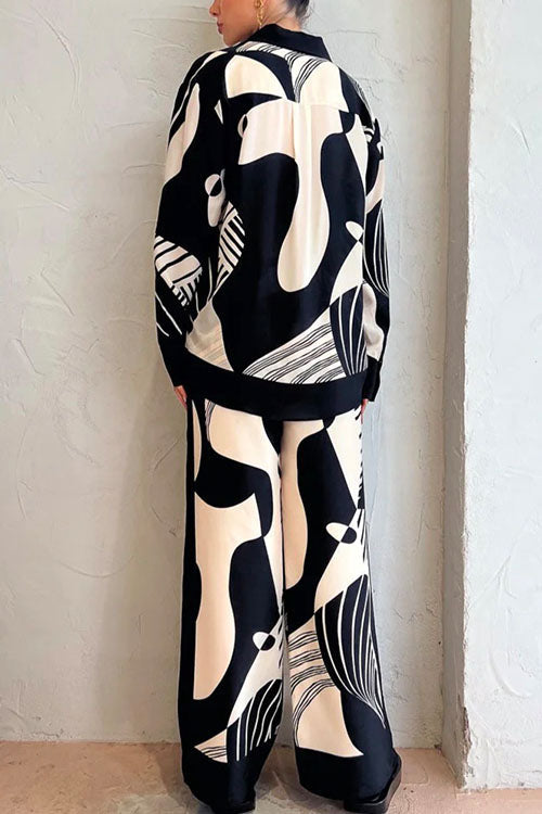 Graphic Printed Long Sleeve Blouse Shirt Wide Leg Pants 2 Pieces Set