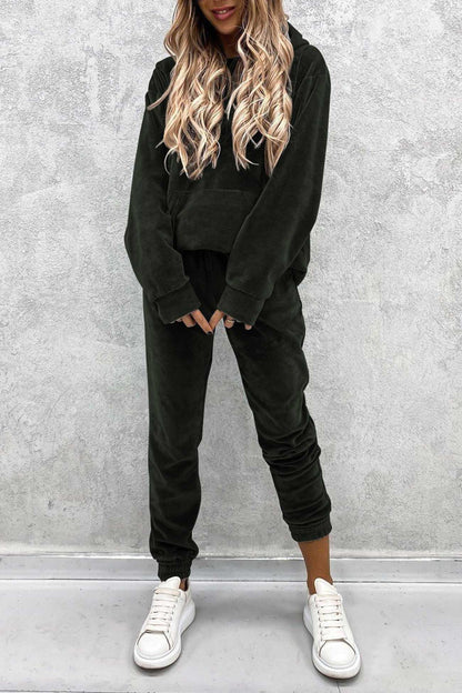 Velour Color Hoodie Long Pants Set