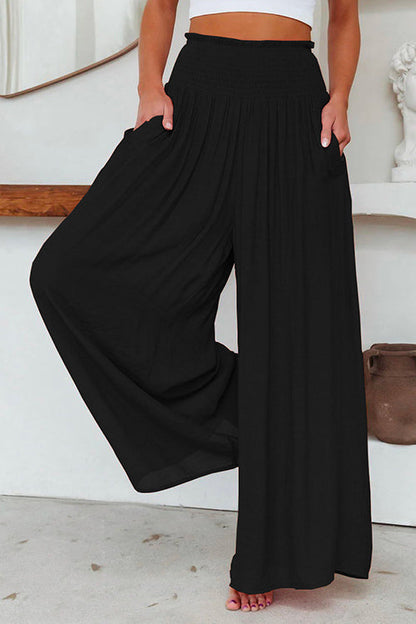 Smocked Elastic Waist Pleated Wide Leg Pants